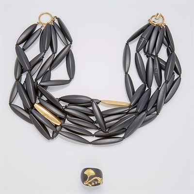 Lot 179 - Wide Wood, Gold and Diamond Ring and Maz Seven Strand Black Onyx and Gold Bead Necklace