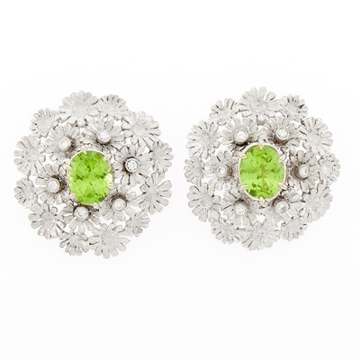 Lot 65 - Pair of White Gold, Peridot and Diamond Flower Earclips