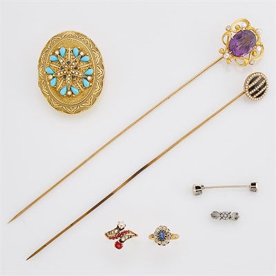 Lot 249 - Group of Antique Gold, Platinum, Silver-Gilt, Turquoise, Sapphire, Diamond and Ruby Jewelry