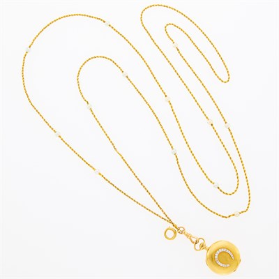 Lot 81 - Tiffany & Co. Gold, Platinum and Diamond Open Face Pendant-Watch with Long Gold and Pearl Necklace