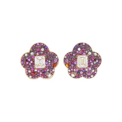 Lot 49 - Pair of Tricolor Gold, Diamond and Multicolored Sapphire Flower Earclips