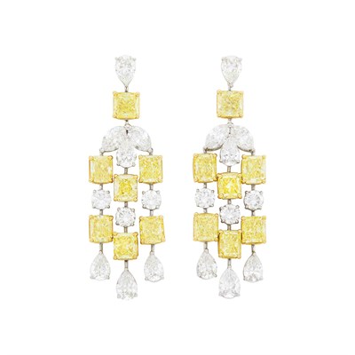 Lot 163 - Graff Pair of Platinum, Gold, Colored Diamond and Diamond Pendant-Earrings