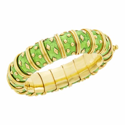Lot 137 - Schlumberger Gold and Lime Green Paillonné Enamel Bracelet, France