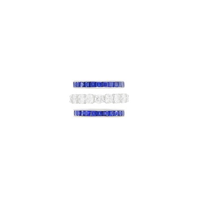 Lot 90 - Tiffany & Co. Platinum and Diamond Band Ring and Two Sapphire Band Rings