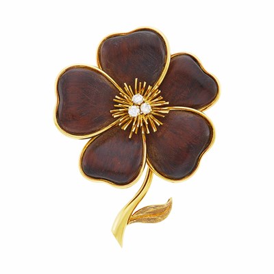 Lot 143 - Van Cleef & Arpels Gold, Wood and Diamond 'Clematis' Clip-Brooch, France