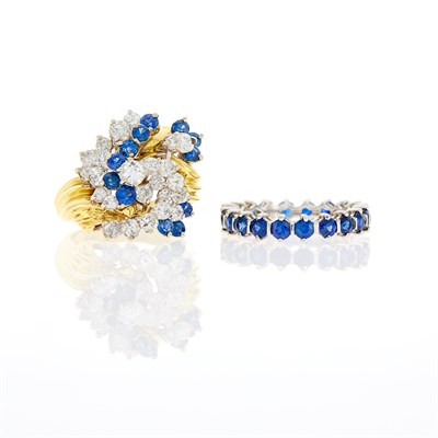 Lot 255 - Two-Color Gold, Diamond and Sapphire Ring and White Gold and Sapphire Band Ring
