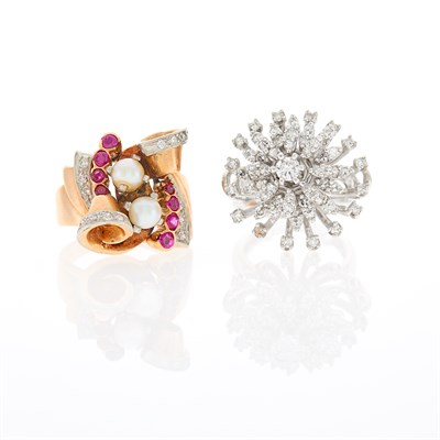 Lot 140 - Rose Gold, Platinum, Cultured Pearl, Ruby and Diamond Ring and White Gold and Diamond Cluster Ring