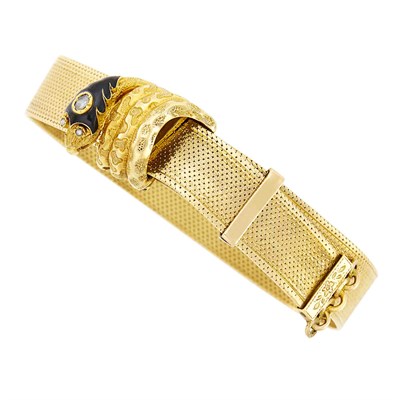 Lot 25 - Antique Gold, Diamond, Black Enamel, Diamond and Pearl Snake Slide Mesh Bracelet