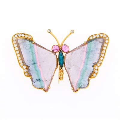 Lot 1175 - Gold, Carved Bicolor Tourmaline, Blue and Pink Tourmaline and Diamond Butterfly Pendant-Brooch