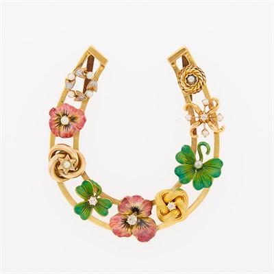 Lot 87 - Antique Gold, Diamond, Pearl and Enamel Horseshoe Brooch