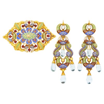 Lot 92 - Antique Gold, Swiss Enamel and Aquamarine Brooch and Pair of Pendant-Earrings