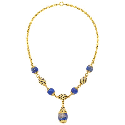 Lot 32 - Two-Color Gold, Lapis and Blue and White Enamel Pendant-Necklace