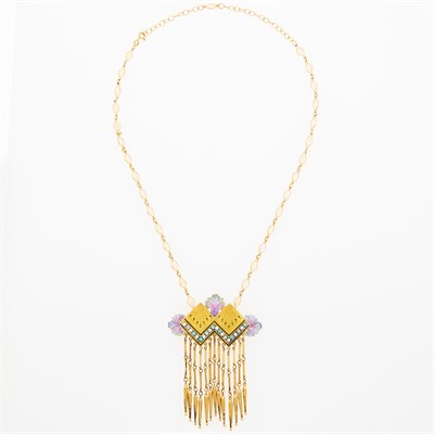 Lot 89 - Gold, Enamel, Opal, Enamel and Split Pearl Fringe Necklace