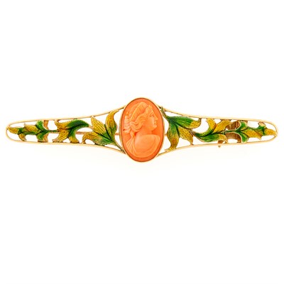 Lot 95 - Art Nouveau Gold, Carved Coral Cameo and Enamel Bar Pin
