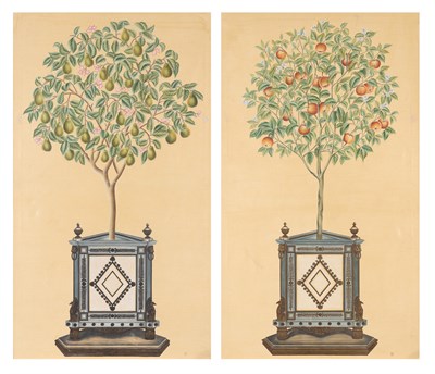 Lot 387 - Pair of Painted Canvas Topiary Panels Signed...