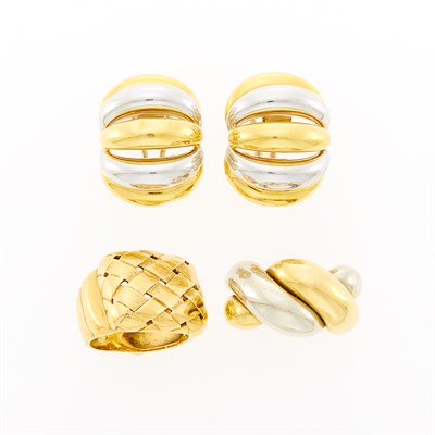 Lot 13 - Pair of Two-Color Gold Earrings, Ring and Gold Ring