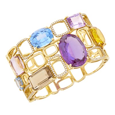 Lot 24 - Wide Gold, Synthetic and Colored Stone and Diamond Bangle Bracelet