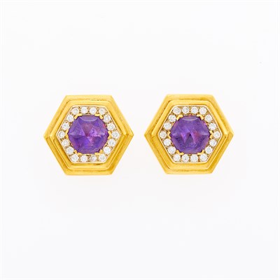 Lot 23 - Emis Pair of Gold, Cabochon Amethyst and Diamond Earclips