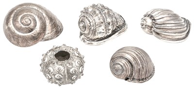 Lot 169 - Five Silver Coated Seashells 20th Century...