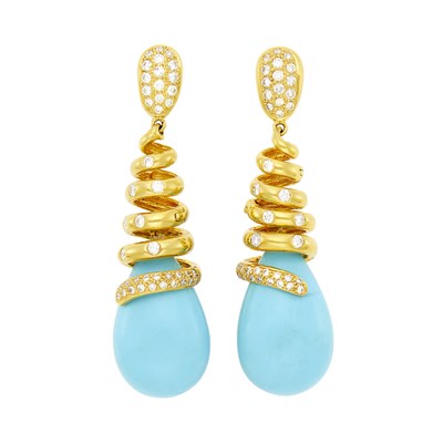 Lot 4 - Pair of Gold, Turquoise and Diamond Pendant-Earclips
