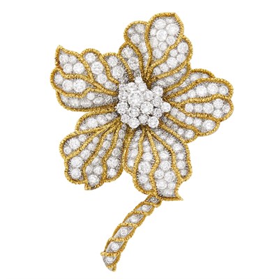 Lot 186 - Fred Paris Gold, Platinum and Diamond Flower Clip-Brooch