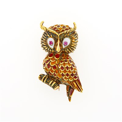 Lot 128 - Gold and Enamel Owl Clip-Brooch