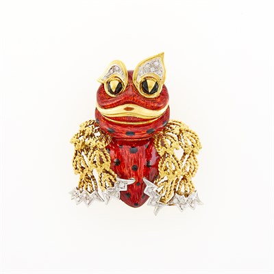 Lot 163 - Two-Color Gold, Diamond, Red and Black Enamel Frog Clip-Brooch
