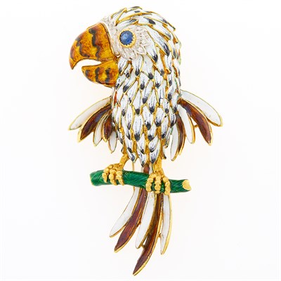 Lot 49 - Gold, Diamond and Enamel Parrot Clip-Brooch