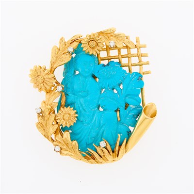 Lot 135 - Gold, Carved Turquoise and Diamond Brooch