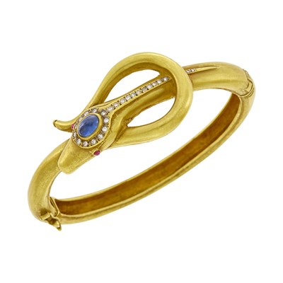 Lot 124 - Gold, Cabochon Sapphire and Diamond Snake Bangle Bracelet