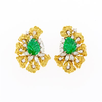 Lot 117 - Pair of Two-Color Gold, Carved Emerald and Diamond Earrings