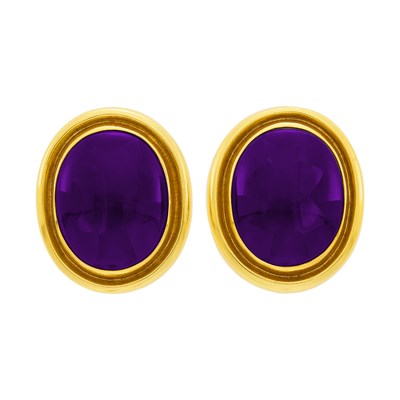 Lot 154 - Pair of Gold and Cabochon Amethyst Earclips