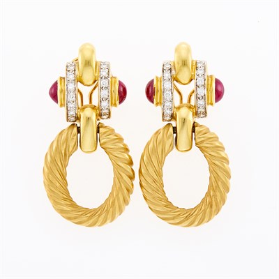 Lot 10 - Pair of Gold, Cabochon Ruby and Diamond Pendant-Earrings