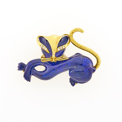 Lot 139 - Lapis, Gold and Diamond Cat Pin