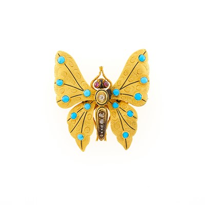 Lot 85 - Gold, Turquoise and Ruby Butterfly Pin