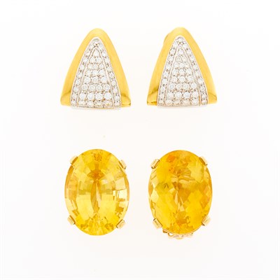 Lot 150 - Pair of Two-Color Gold and Diamond Earclips and Gold and Citrine Earclips