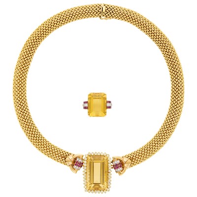Lot 43 - Two-Color Gold, Citrine, Diamond and Ruby Mesh Necklace and Ring