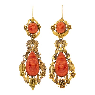 Lot 29 - Pair of Antique Gold and Coral Cameo Pendant-Earrings