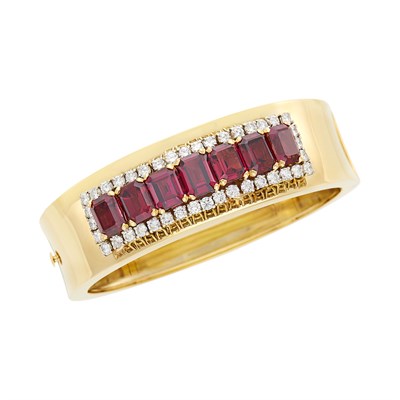 Lot 103 - Gold, Garnet and Diamond Bangle Bracelet