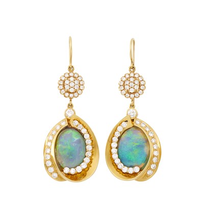 Lot 90 - Pair of Gold, Black Opal and Diamond Pendant-Earrings