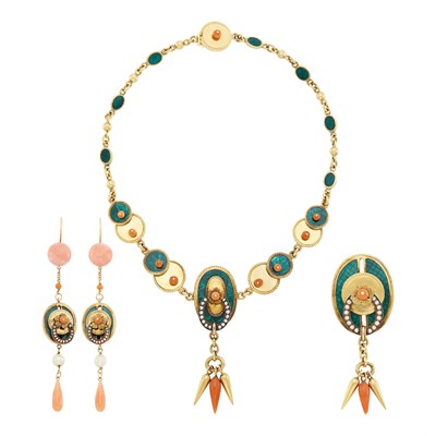Lot 26 - Gold, Silver, Coral, Split and Freshwater Pearl and Enamel Fringe Necklace, Brooch and Pair of Pendant-Earrings