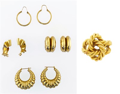 Lot 181 - Four Pairs of Gold Hoop Earrings and Knot Ring