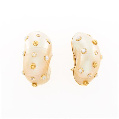 Lot 40 - Trianon Gold, Shell and Diamond Earclips