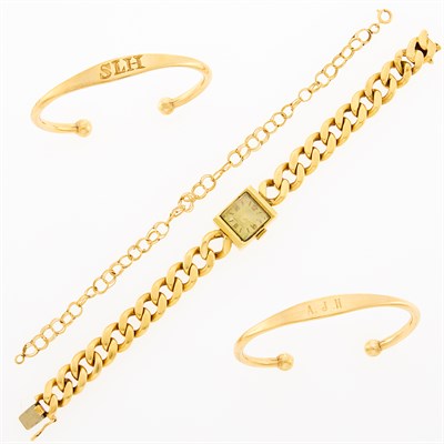 Lot 228 - Two Gold Bangle Bracelets, Curb Link Bracelet-Watch and Bracelet