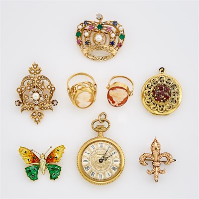 Lot 234 - Group of Antique and Period Gold, Low Karat Gold and Gilt-Metal Jewelry