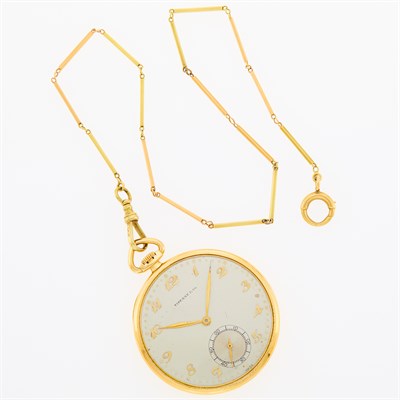 Lot 83 - Tiffany & Co. Gold Open Face Pocket Watch with Two-Color Gold Chain Necklace