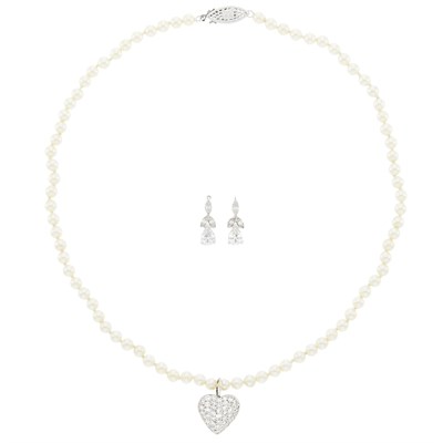 Lot 69 - Cultured Pearl Necklace with Silver and Diamond Heart Pendant and Pair of White Gold and Diamond Earrings