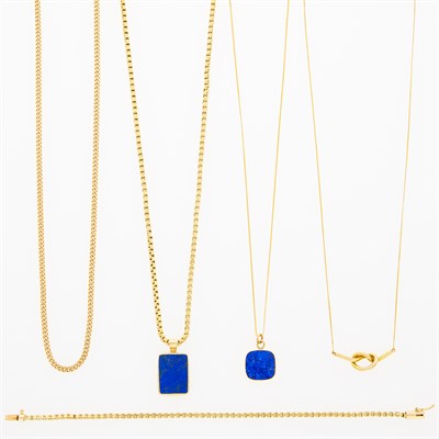 Lot 132 - Two Gold and Lapis Pendants with Chain Necklaces, Knot Pendant-Necklace, Chain Necklace and Bracelet