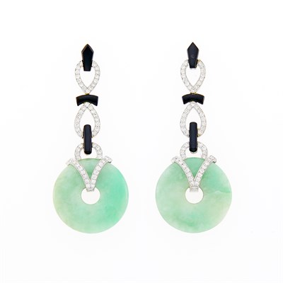 Lot 68 - Pair of White Gold, Jade, Black Onyx and Diamond Pendant-Earrings