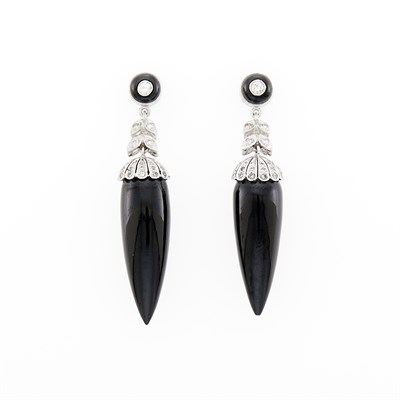 Lot 60 - Pair of White Gold, Black Onyx and Diamond Pendant-Earrings